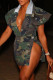 Army Green Sexy Casual Camouflage Print Patchwork Slit Turndown Collar Two Pieces
