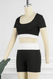 Pink Casual Sportswear Patchwork Contrast O Neck Short Sleeve Two Pieces