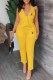 Yellow Sexy Casual Print Backless Letter V Neck Sleeveless Two Pieces