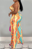 Orange Casual Print Backless Spaghetti Strap Regular Jumpsuits