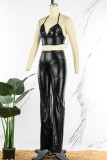 Black Sexy Casual Solid Hollowed Out Backless Halter Sleeveless Two Pieces
