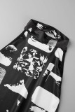 Black Sexy Print Backless Halter Sleeveless Dress Dresses