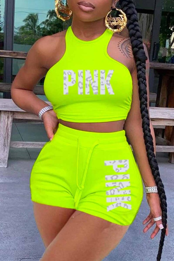 Fluorescent Green Casual Print Letter Sleeveless Two Pieces