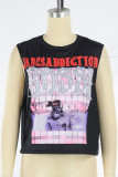 Black Casual Print Bandage O Neck Tops