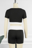 Pink Casual Sportswear Patchwork Contrast O Neck Short Sleeve Two Pieces