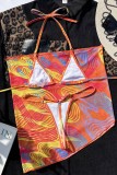 Tangerine Red Sexy Print Bandage Backless Swimsuit Three Piece Set (With Paddings)