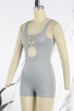 Black Sexy Casual Solid Hollowed Out Backless U Neck Skinny Romper