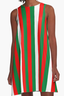 Red Green Casual Print Patchwork O Neck A Line Dresses