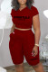 Burgundy Casual Letter Print Basic Hooded Collar Short Sleeve Two Pieces