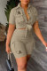 Khaki Casual Print Letter Turndown Collar Short Sleeve Two Pieces