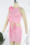 Pink Sexy Solid Bandage Patchwork O Neck Sleeveless Two Pieces