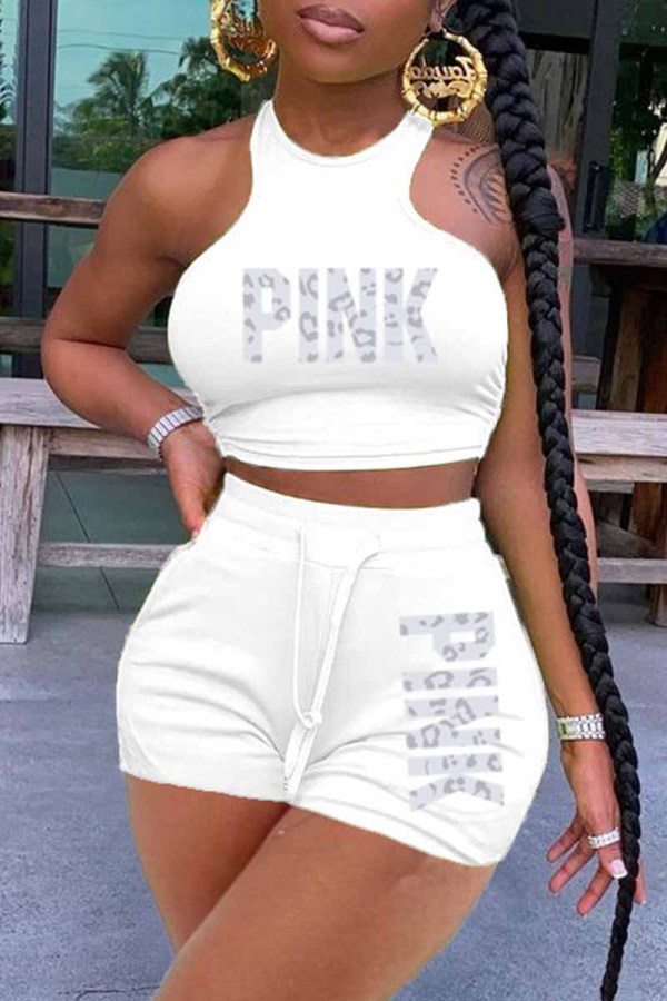 White Casual Print Letter Sleeveless Two Pieces