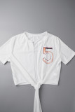 White Sexy Street Print Bandage Patchwork Cardigan Collar T-Shirts