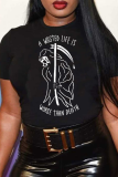 Black Casual Vintage Print Skull Patchwork Letter O Neck T-Shirts