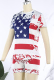 Red Casual Print Patchwork O Neck Short Sleeve Two Pieces