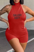 Red Sexy Print Backless Letter Halter Rompers
