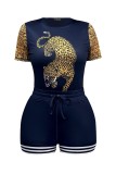 Navy Blue Casual Print Patchwork O Neck Short Sleeve Two Pieces