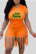 Orange Casual Print Tassel Patchwork O Neck Short Sleeve Two Pieces