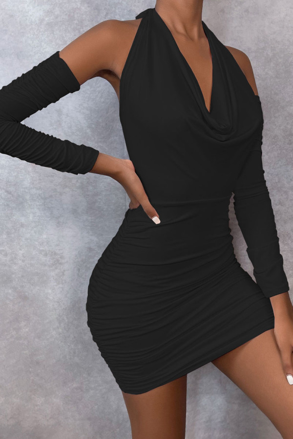 Black Sexy Casual Solid Fold Halter Pencil Skirt Dresses