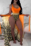 Orange Sexy Print Backless Basic Swimwears (With Paddings)