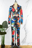 Multicolor Casual Print Bandage Patchwork Turndown Collar Long Sleeve Two Pieces