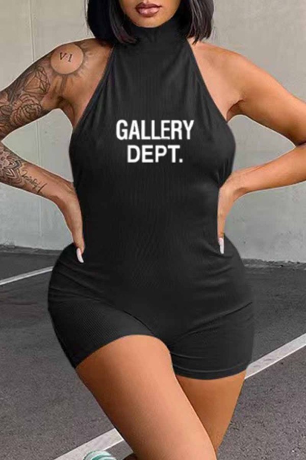 Black Sexy Print Backless Letter Halter Rompers