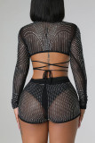 Black Sexy Solid Bandage Patchwork See-through Hot Drill Long Sleeve Two Pieces