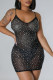 Black Sexy Solid Patchwork See-through Hot Drill Pencil Skirt Dresses