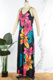 Yellow Blue Casual Print Patchwork Spaghetti Strap Sling Dress Dresses