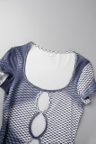 Grey Sexy Print Hollowed Out Patchwork U Neck Pencil Skirt Dresses
