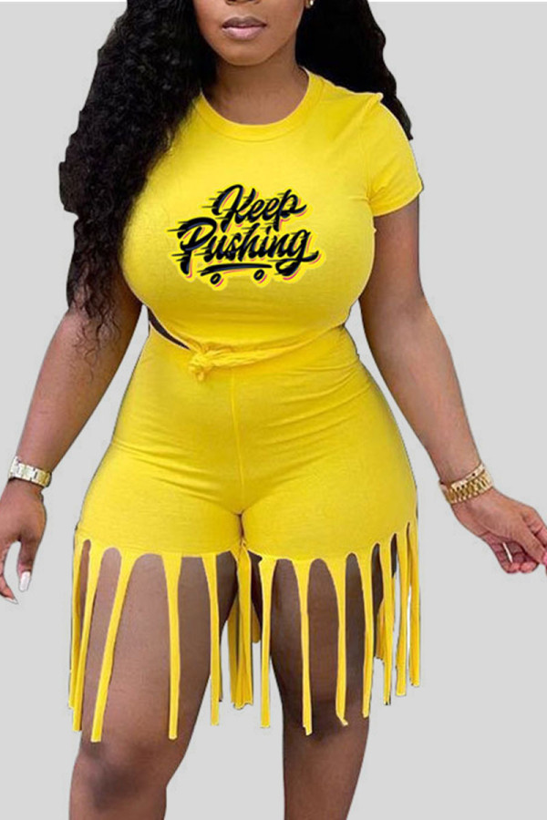 Yellow Casual Print Tassel Patchwork O Neck Short Sleeve Two Pieces
