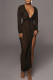 Black Sexy Solid Bandage Hollowed Out Patchwork V Neck One Step Skirt Dresses