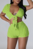Fluorescent Green Sexy Casual Solid Bandage V Neck Short Sleeve Two Pieces