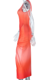 Tangerine Red Sexy Gradual Change Patchwork O Neck Waist Skirt Dresses