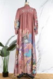 Pink Elegant Print Patchwork Flounce Half A Turtleneck A Line Dresses