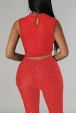 Red Sexy Solid Patchwork Hot Drill O Neck Sleeveless Two Pieces