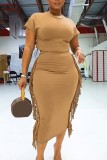 Khaki Casual Solid Tassel Patchwork O Neck Two Pieces