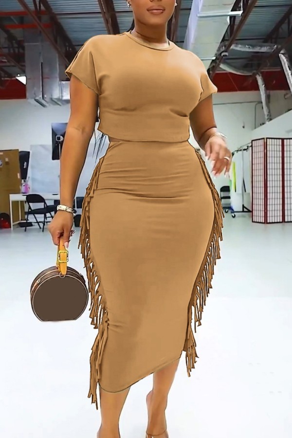 Khaki Casual Solid Tassel Patchwork O Neck Two Pieces
