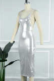 Silver Sexy Solid Patchwork Halter One Step Skirt Dresses