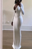 White Sexy Simplicity Solid Frenulum V Neck One Step Skirt Dresses