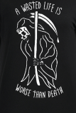 Black Casual Vintage Print Skull Patchwork Letter O Neck T-Shirts