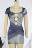 Grey Sexy Print Hollowed Out Patchwork U Neck Pencil Skirt Dresses