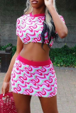 Pink Casual Patchwork O Neck Short Sleeve Two Pieces