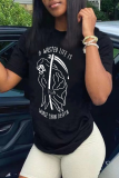 Black Casual Vintage Print Skull Patchwork Letter O Neck T-Shirts