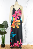 Yellow Blue Casual Print Patchwork Spaghetti Strap Sling Dress Dresses