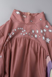 Pink Elegant Print Patchwork Flounce Half A Turtleneck A Line Dresses