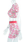 Pink Casual Patchwork O Neck Short Sleeve Two Pieces