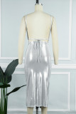 Silver Sexy Solid Patchwork Halter One Step Skirt Dresses