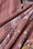 Pink Elegant Print Patchwork Flounce Half A Turtleneck A Line Dresses
