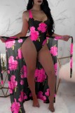 Black Pink Sexy Print Backless Basic Swimwears (With Paddings)